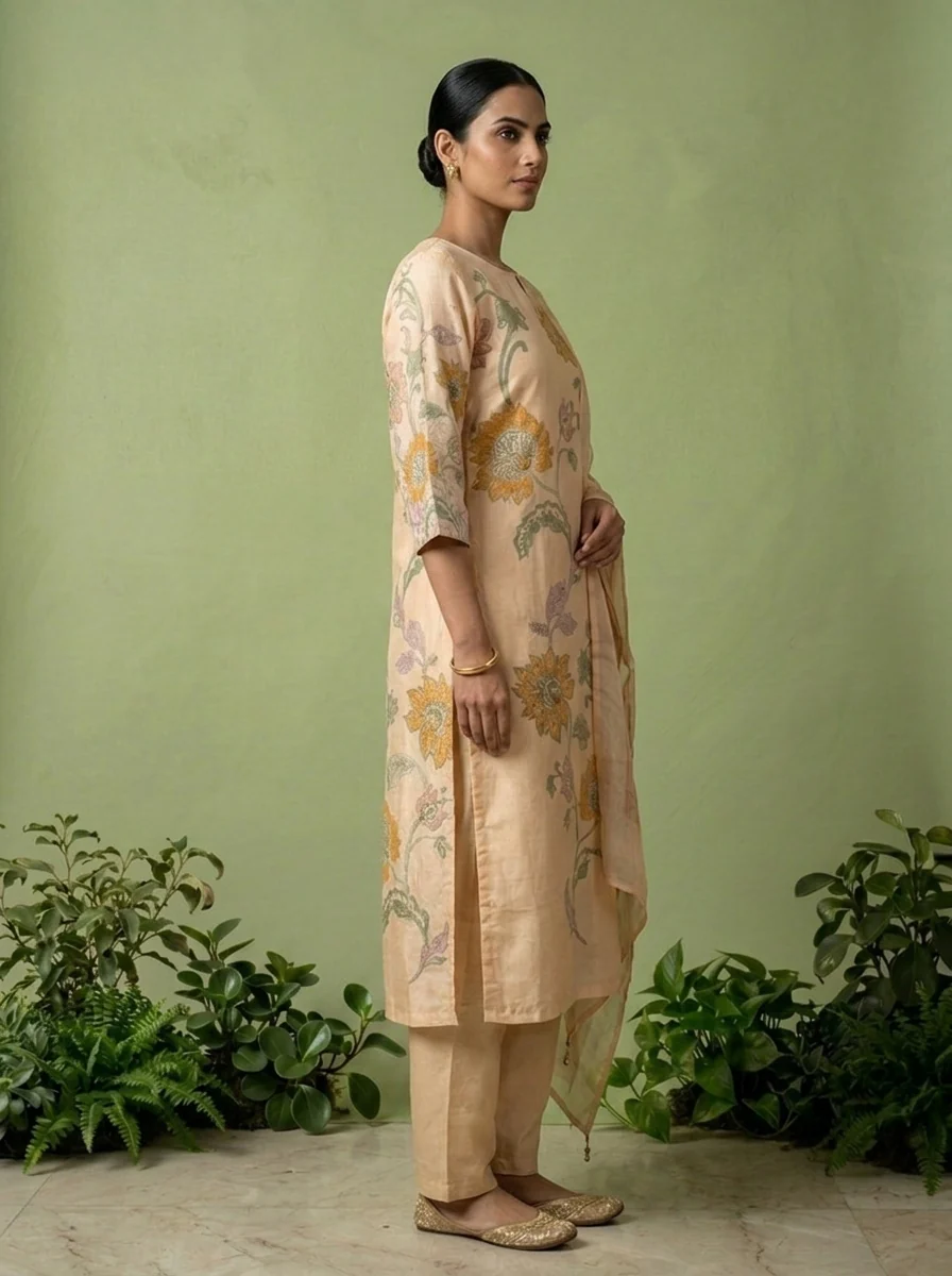 Cream Silk Floral Printed Three Piece Set - Image 3