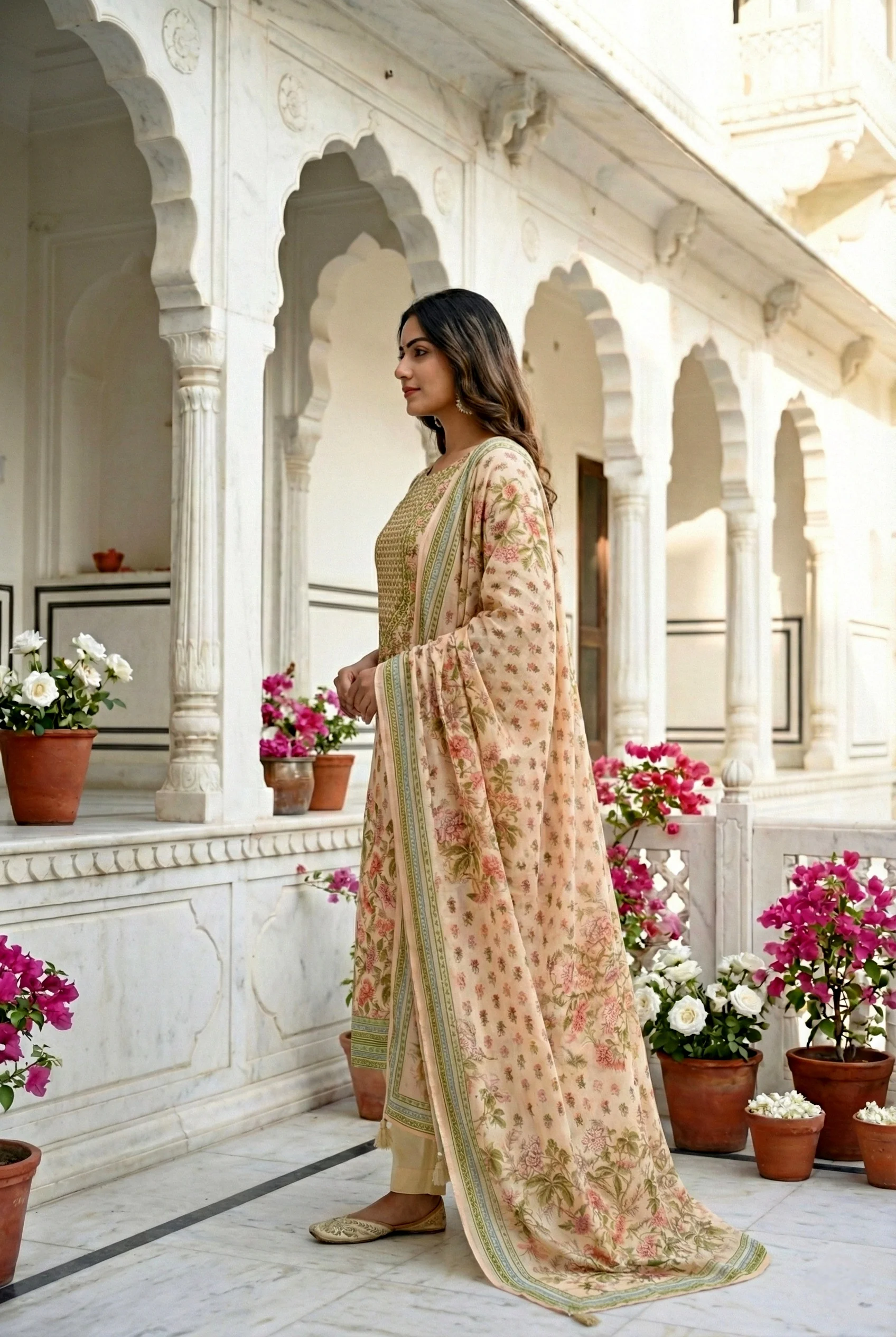 Cream Silk Hand Embroidered Three Piece Set - Image 2