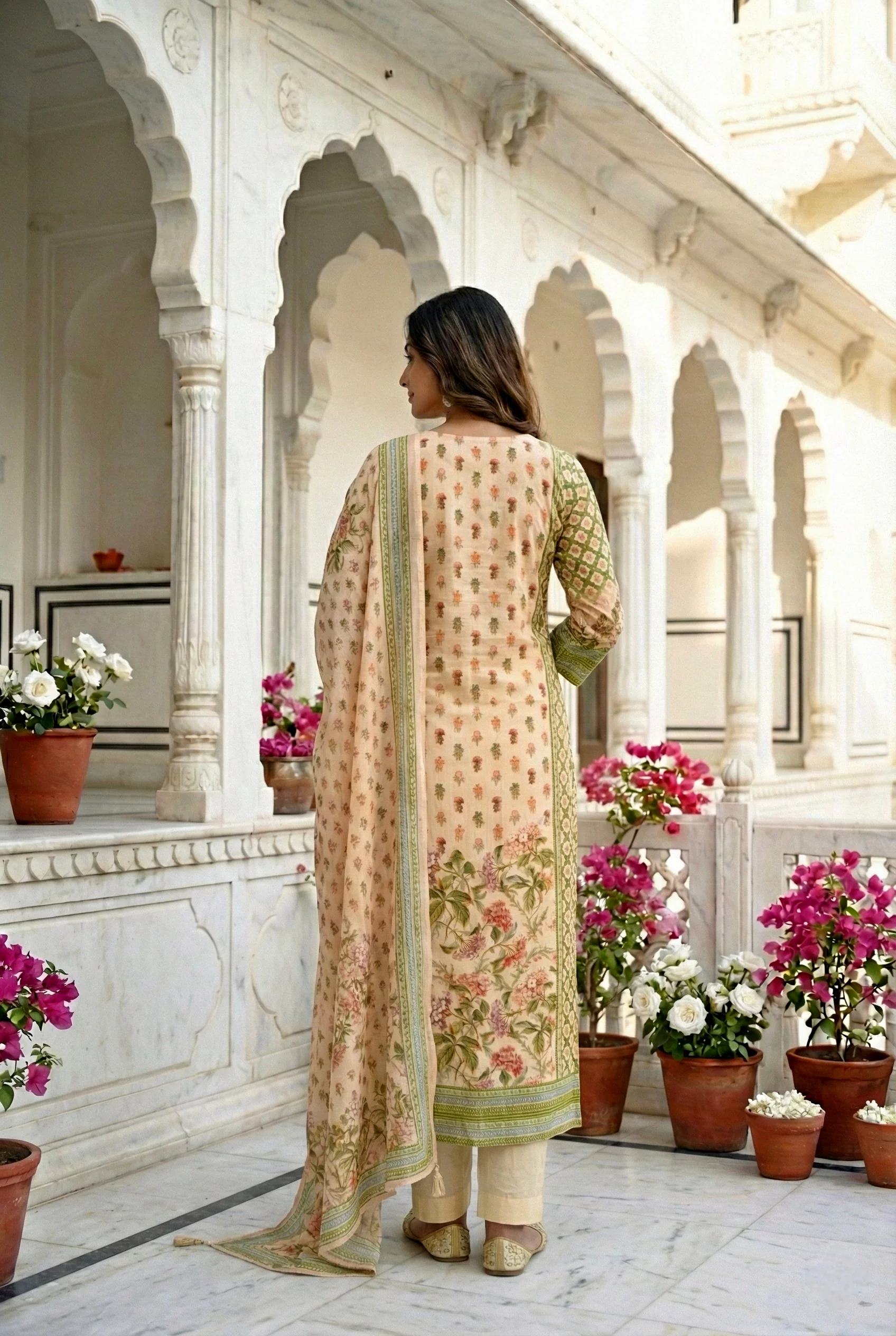 Cream Silk Hand Embroidered Three Piece Set - Image 3
