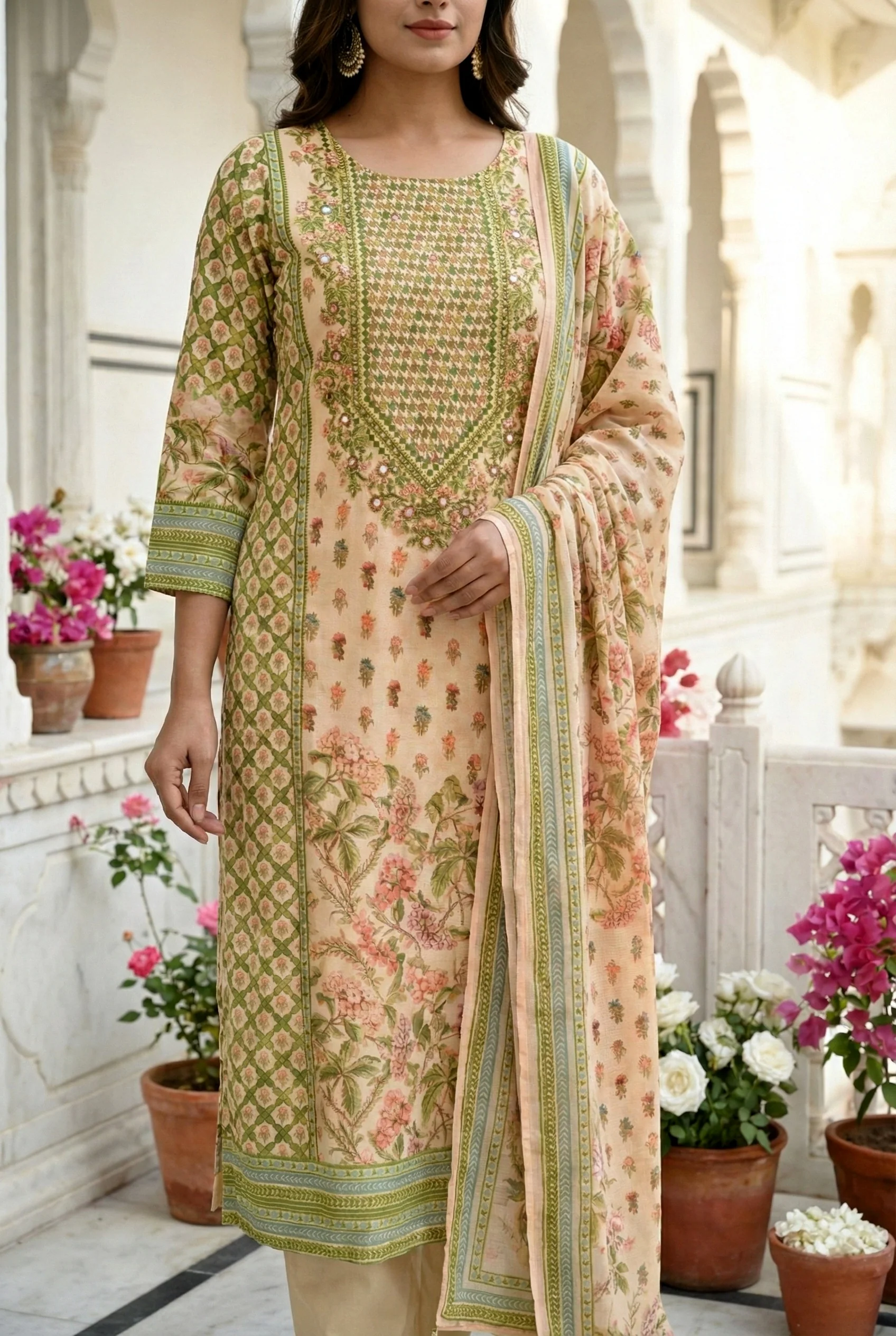 Cream Silk Hand Embroidered Three Piece Set - Image 5