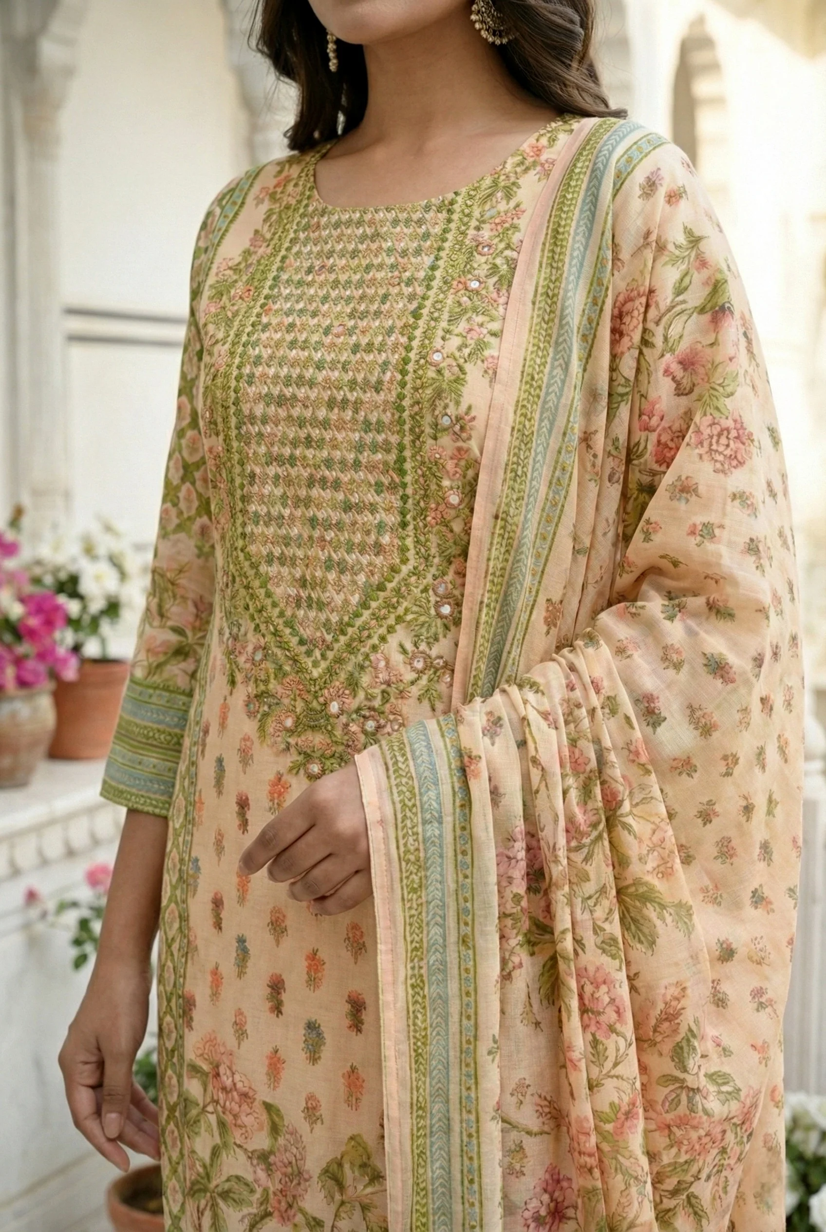 Cream Silk Hand Embroidered Three Piece Set - Image 6