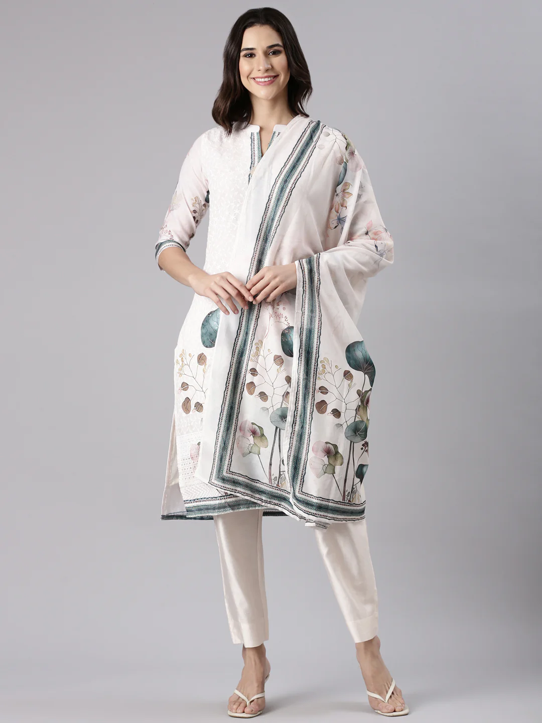Cream Slub Cotton Printed Three Piece Set