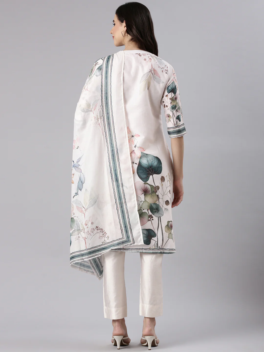 Cream Slub Cotton Printed Three Piece Set - Image 3