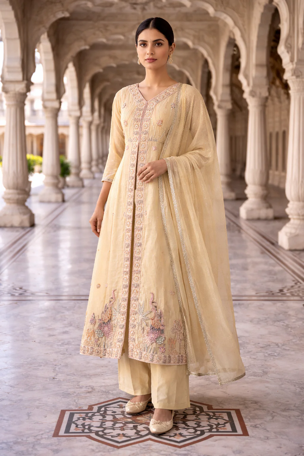 Cream Tissue Beads And Sequins Embroidered Three Piece Set