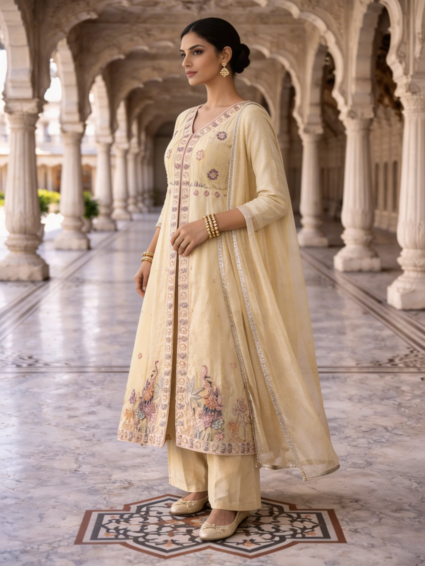 Cream Tissue Beads And Sequins Embroidered Three Piece Set - Image 2