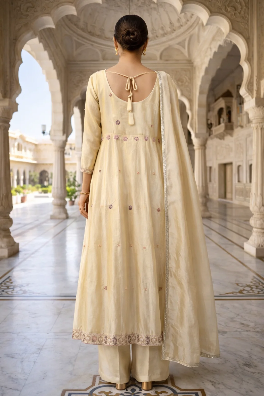 Cream Tissue Beads And Sequins Embroidered Three Piece Set - Image 3