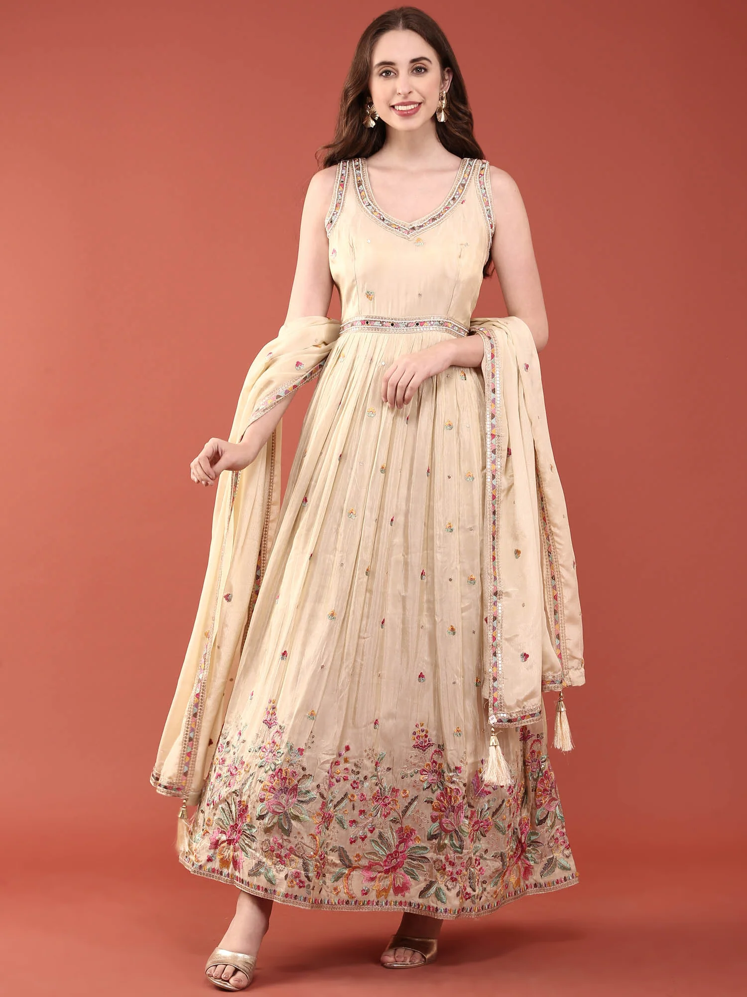 Cream Tissue Floral Embroidered Anarkali Set - Image 2