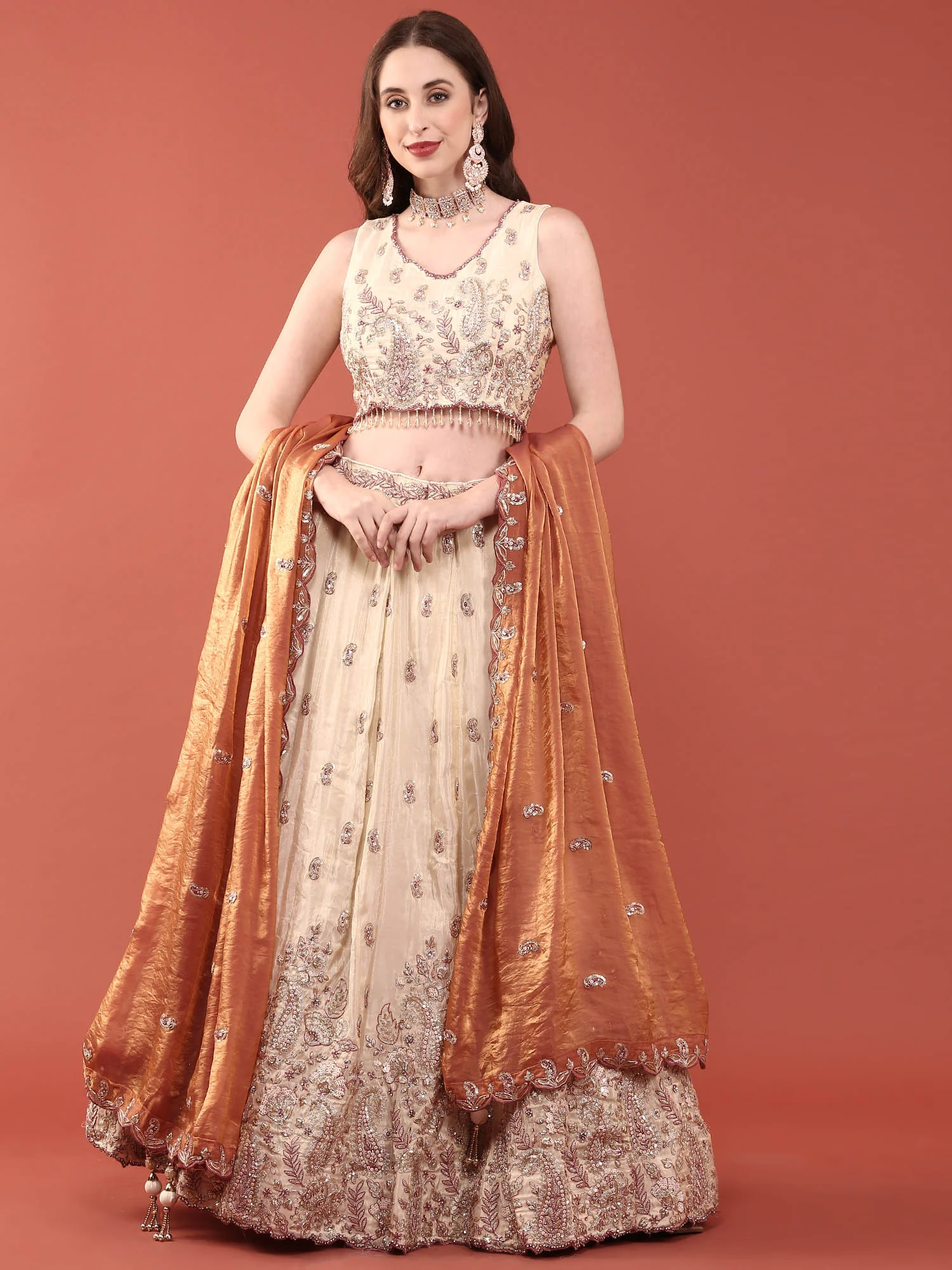 Cream Tissue With Heavy Hand Embroidery Ghagra Set - Image 2