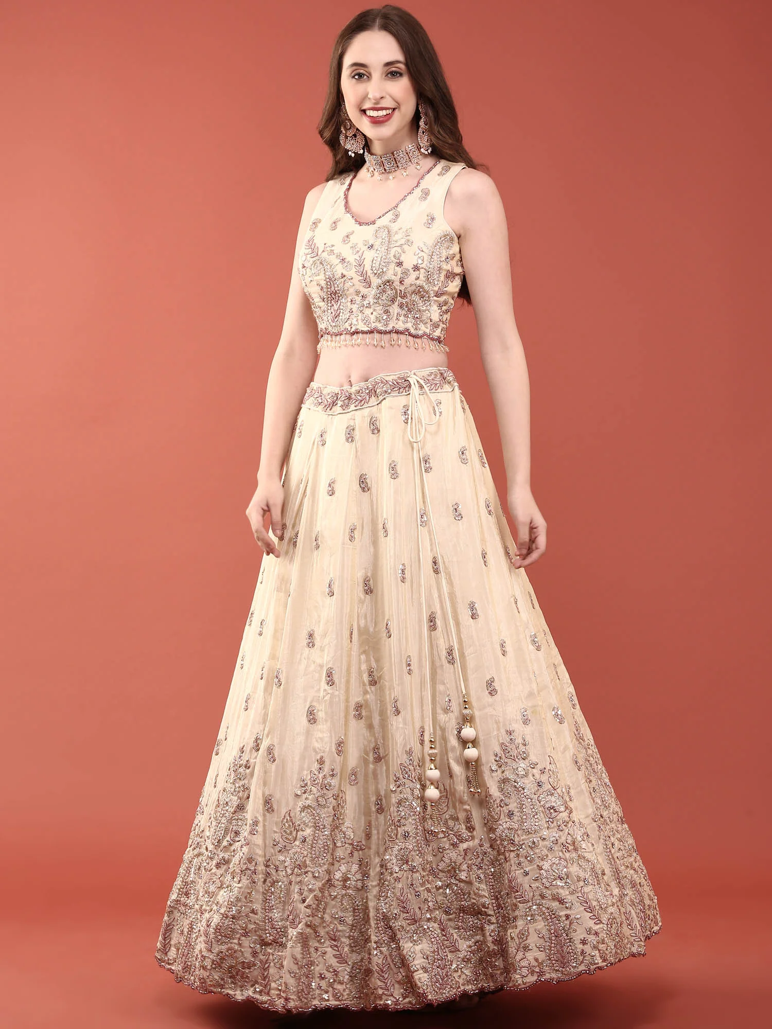 Cream Tissue With Heavy Hand Embroidery Ghagra Set - Image 3