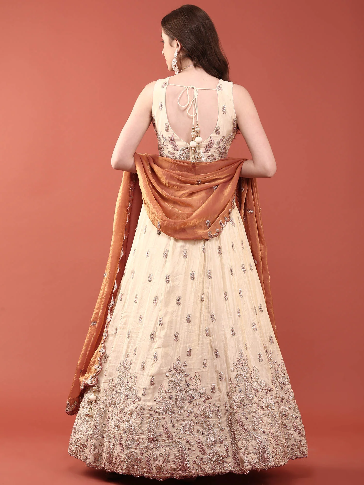 Cream Tissue With Heavy Hand Embroidery Ghagra Set - Image 4