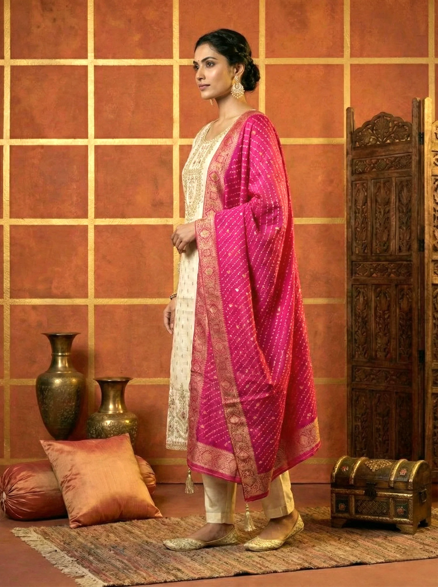 Cream Tissue Zari Embroidery Three Piece Set With Contrast Dupatta - Image 2