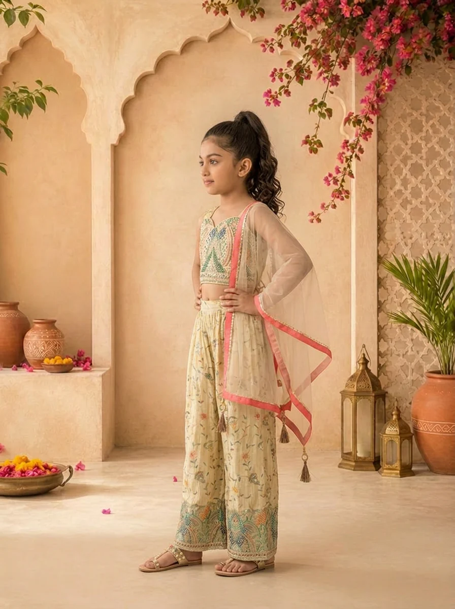 Fawn Tissue Floral Thread Embroidered Palazzo Set - Image 3