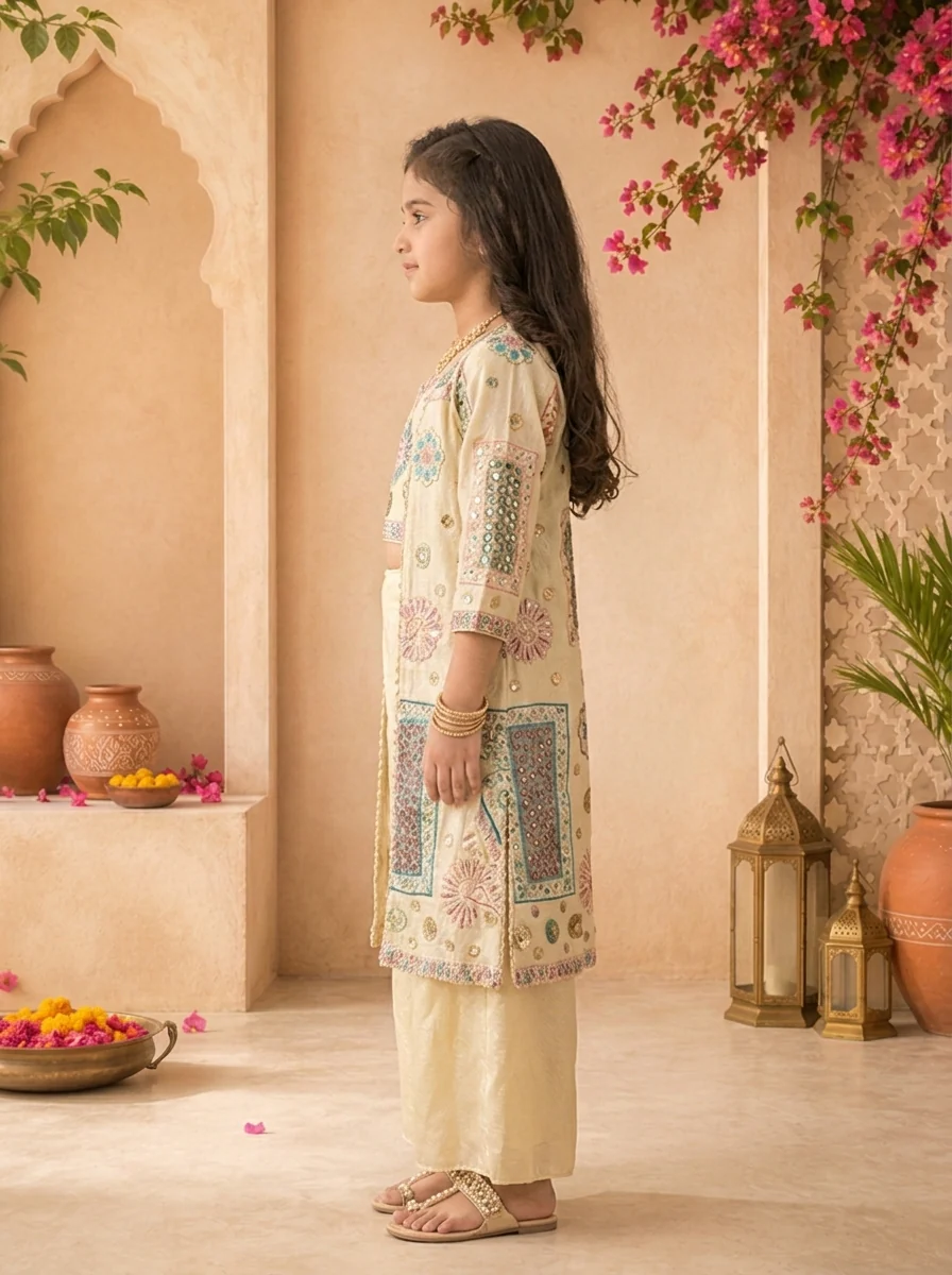 Fawn Tissue Geometric Embroidered Palazzo Set With Overcoat - Image 3