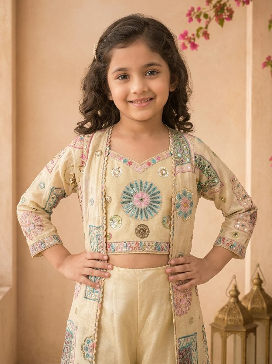 Fawn Tissue Geometric Embroidered Palazzo Set With Overcoat - Image 4