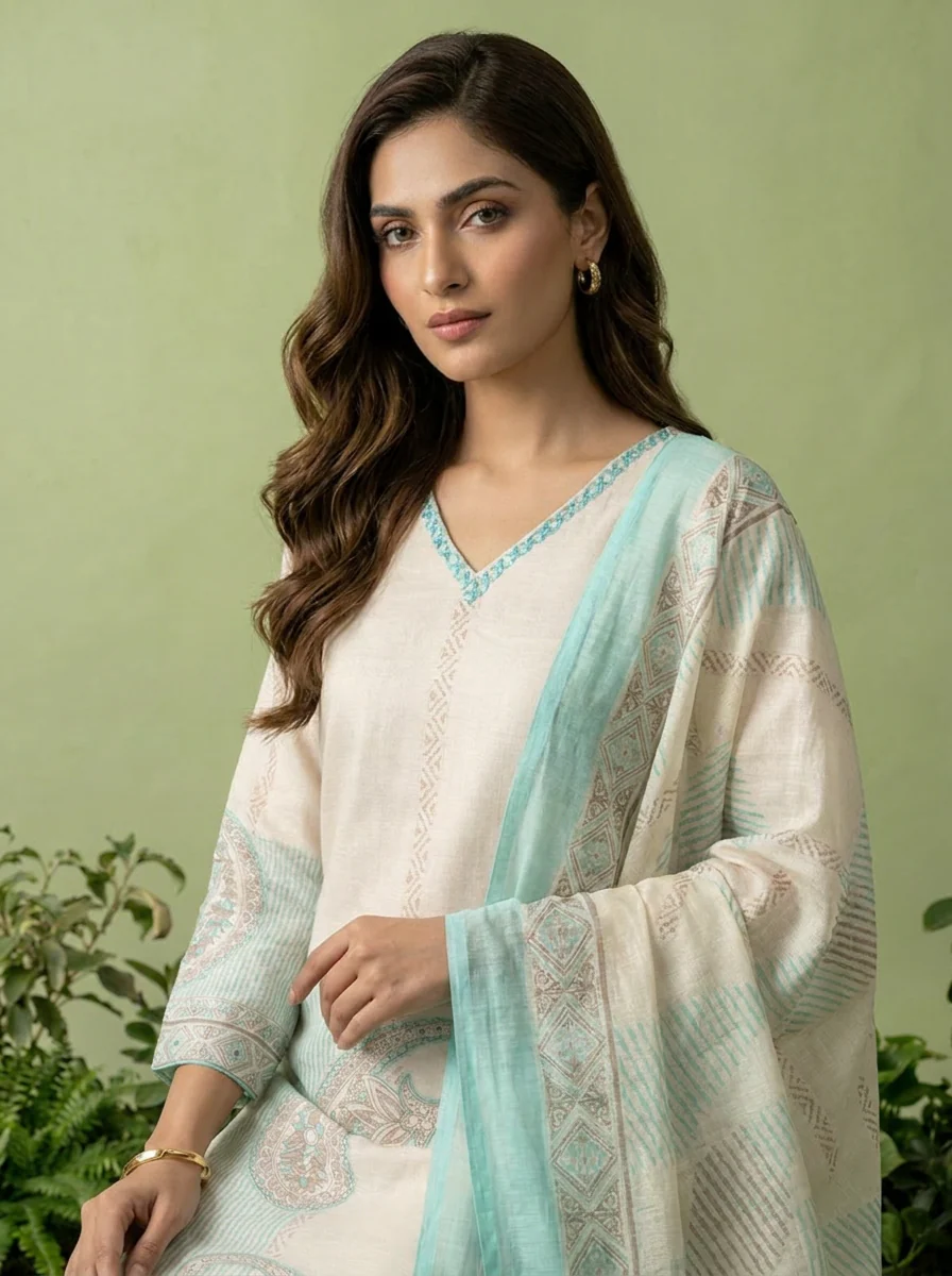 Ferozi And Cream Linen Paisley And Floral Printed Three Piece Set