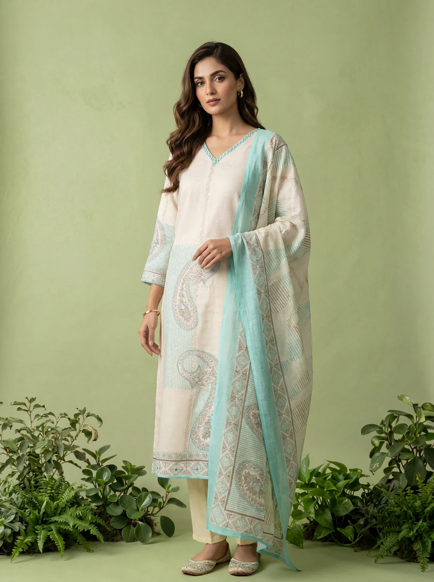 Ferozi And Cream Linen Paisley And Floral Printed Three Piece Set - Image 2