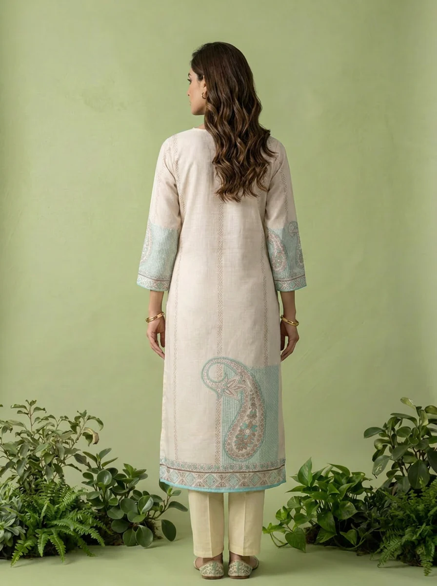 Ferozi And Cream Linen Paisley And Floral Printed Three Piece Set - Image 3