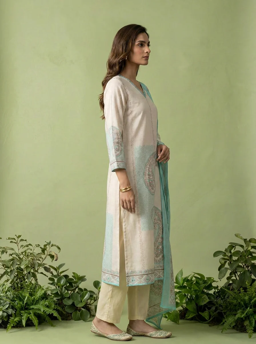 Ferozi And Cream Linen Paisley And Floral Printed Three Piece Set - Image 4