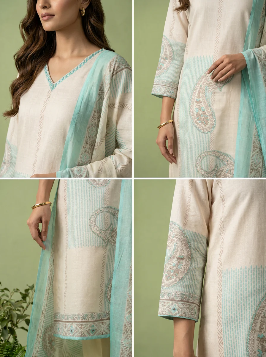 Ferozi And Cream Linen Paisley And Floral Printed Three Piece Set - Image 5