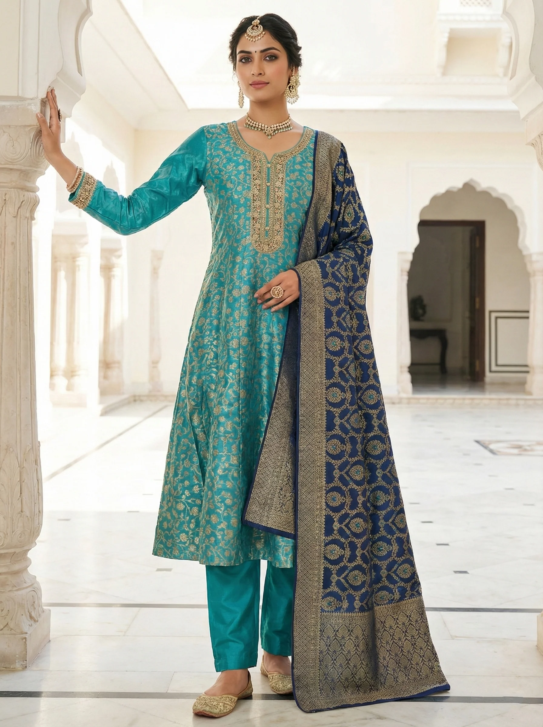 Ferozi Banarasi Zari Floral Embroidery Three Piece Set