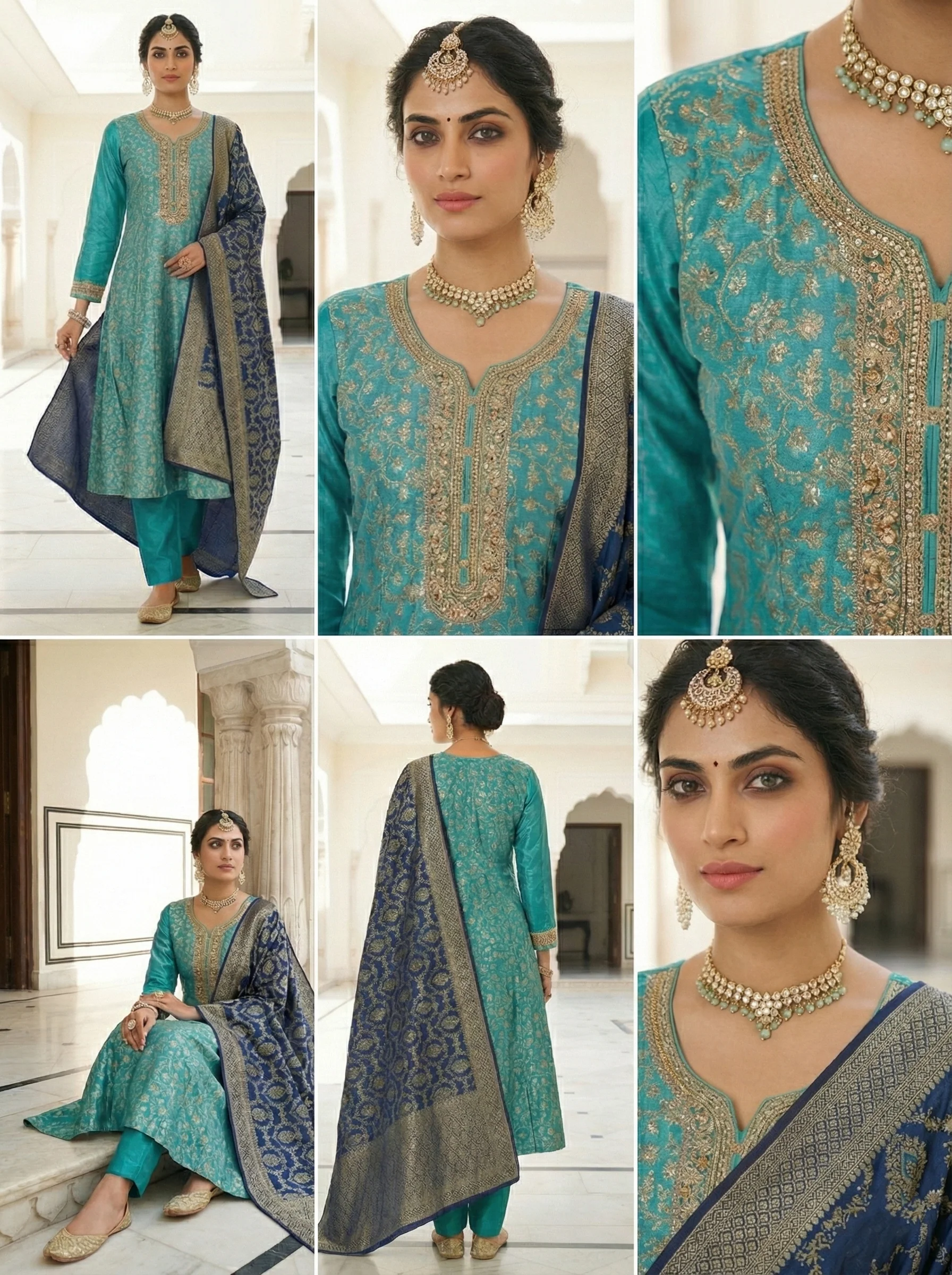 Ferozi Banarasi Zari Floral Embroidery Three Piece Set - Image 2