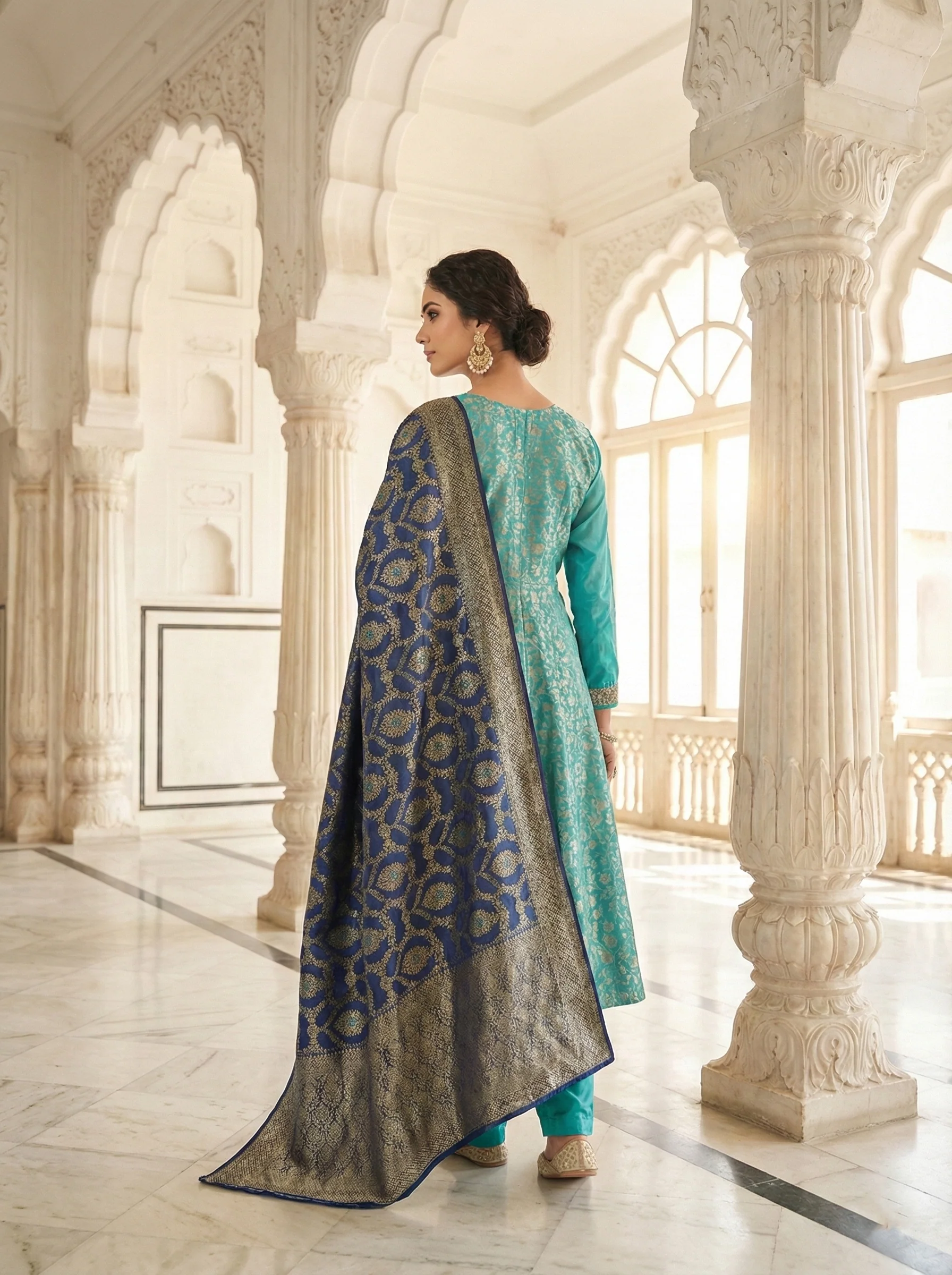 Ferozi Banarasi Zari Floral Embroidery Three Piece Set - Image 3