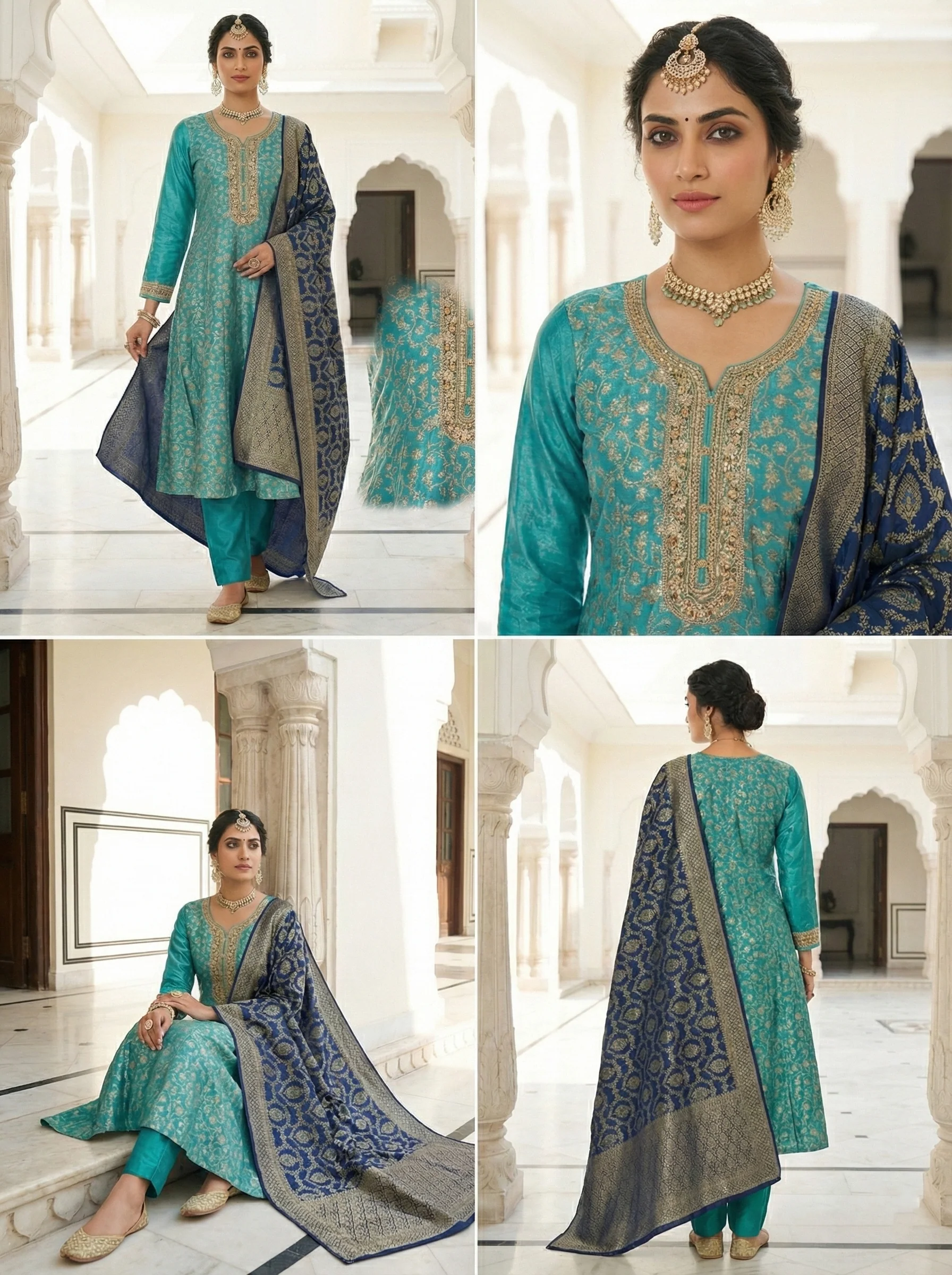 Ferozi Banarasi Zari Floral Embroidery Three Piece Set - Image 4