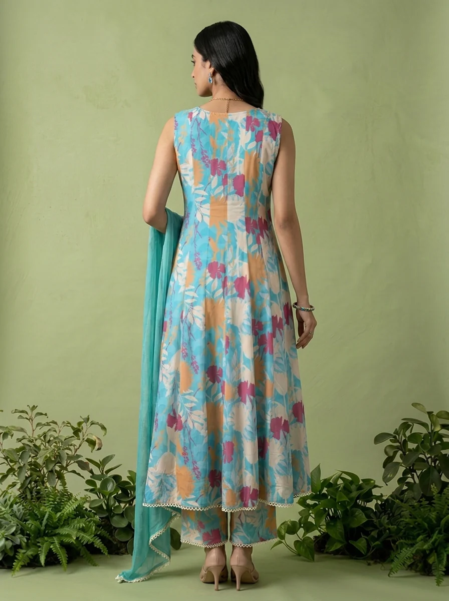 Ferozi Georgette Floral Printed And Mirror Embroidered Three Piece Set - Image 3