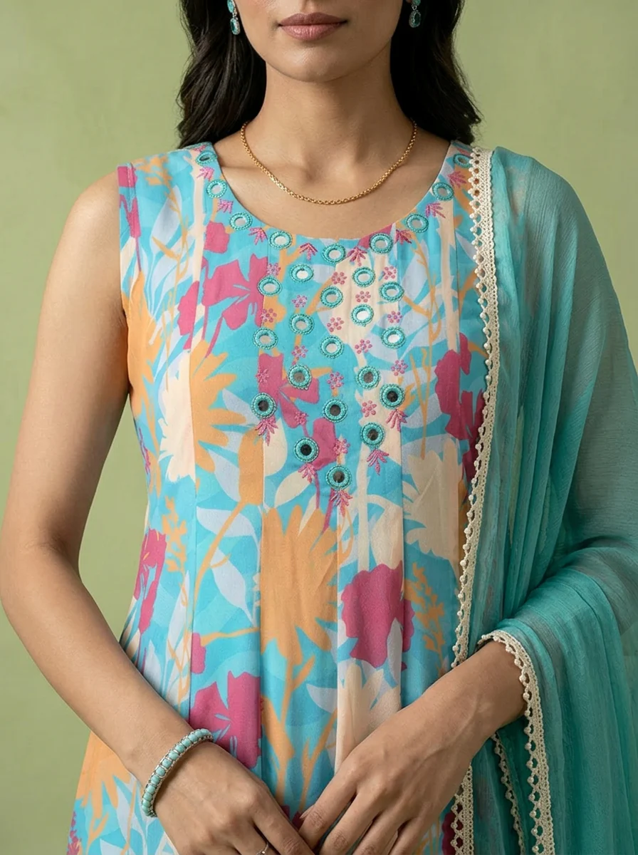 Ferozi Georgette Floral Printed And Mirror Embroidered Three Piece Set - Image 4