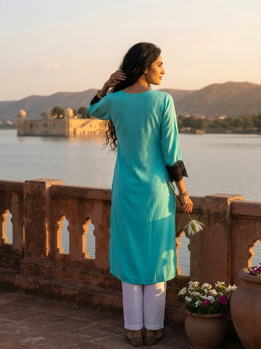 Ferozi Rayon Solid With Crochet Cutwork Lace Kurta - Image 2