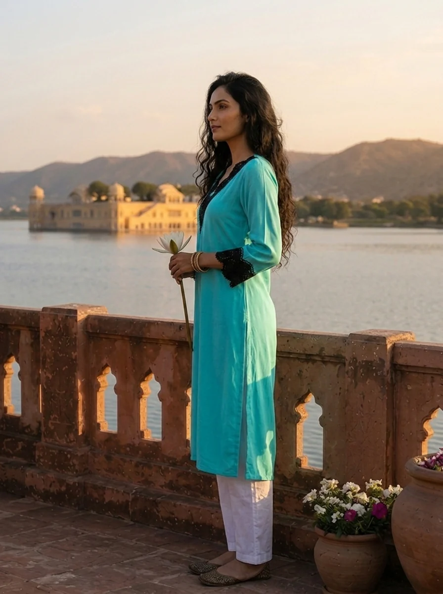 Ferozi Rayon Solid With Crochet Cutwork Lace Kurta - Image 3