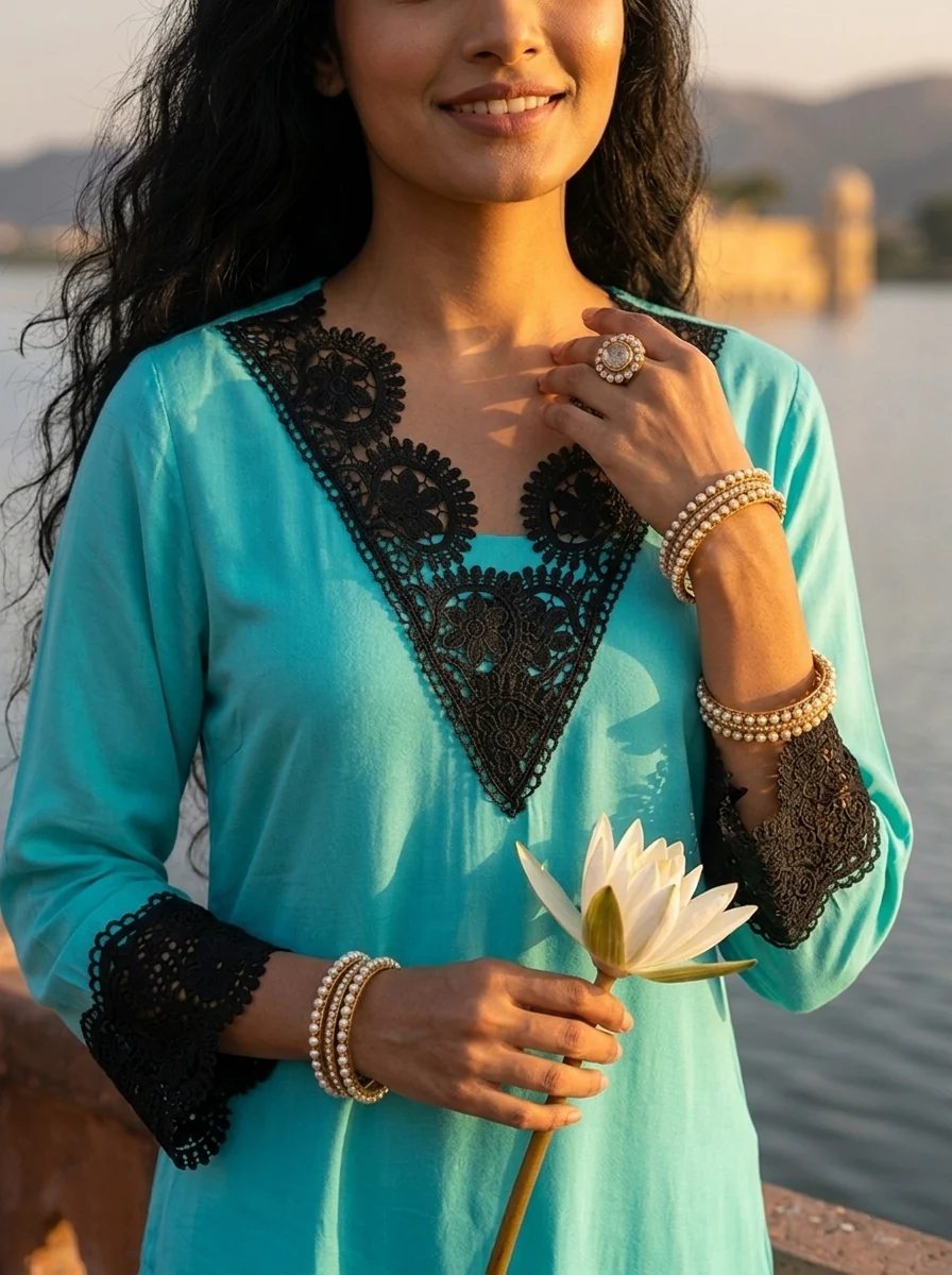 Ferozi Rayon Solid With Crochet Cutwork Lace Kurta - Image 4