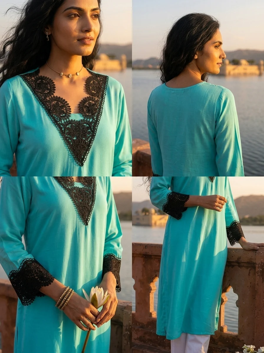 Ferozi Rayon Solid With Crochet Cutwork Lace Kurta - Image 5