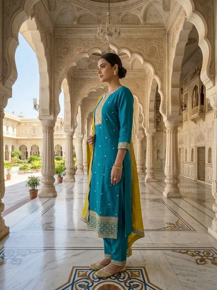 Ferozi Silk Aari And Floral Thread Embroidery Three Piece Set - Image 2