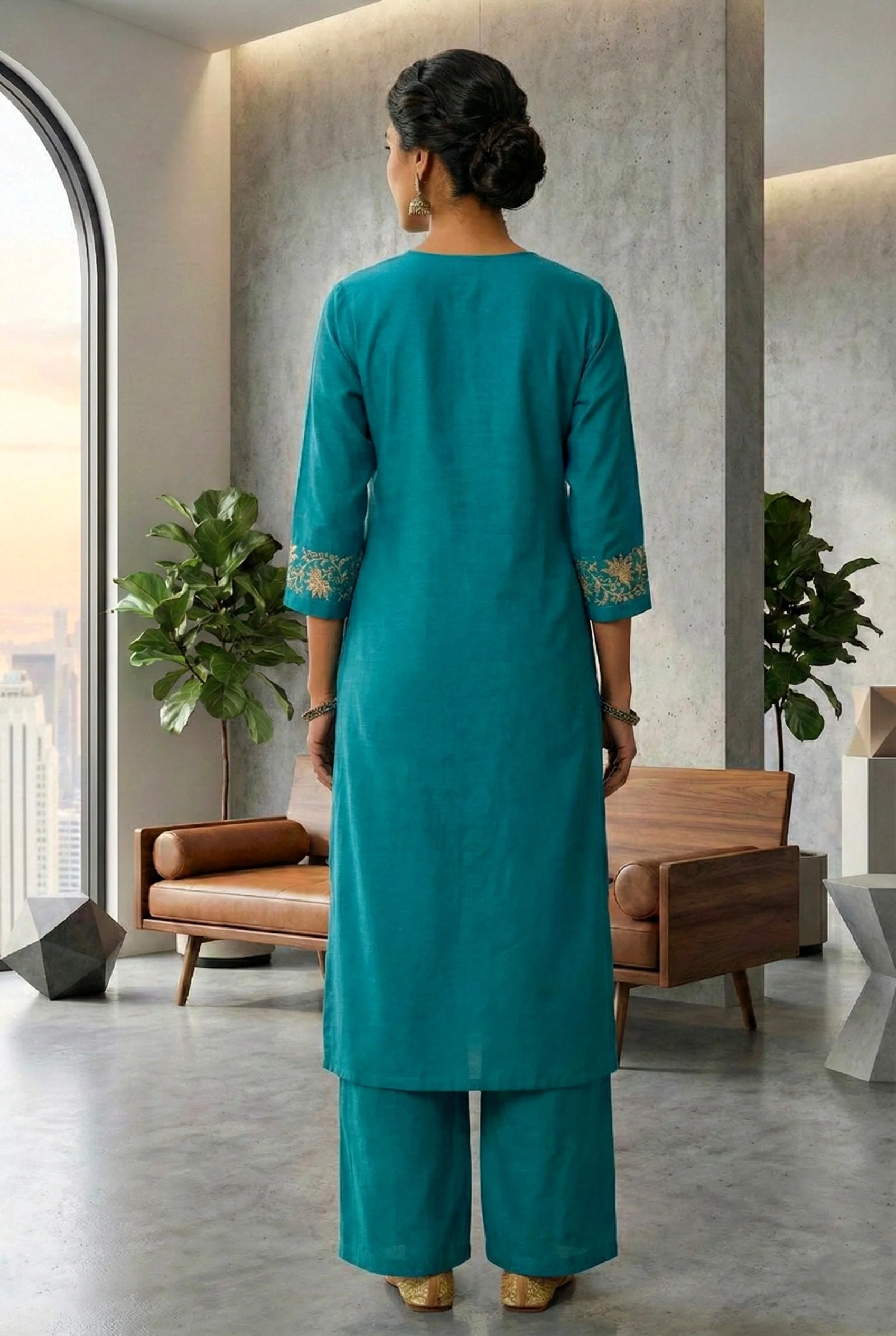 Ferozi Silk Floral Aari Embroidered Two Piece Set - Image 3