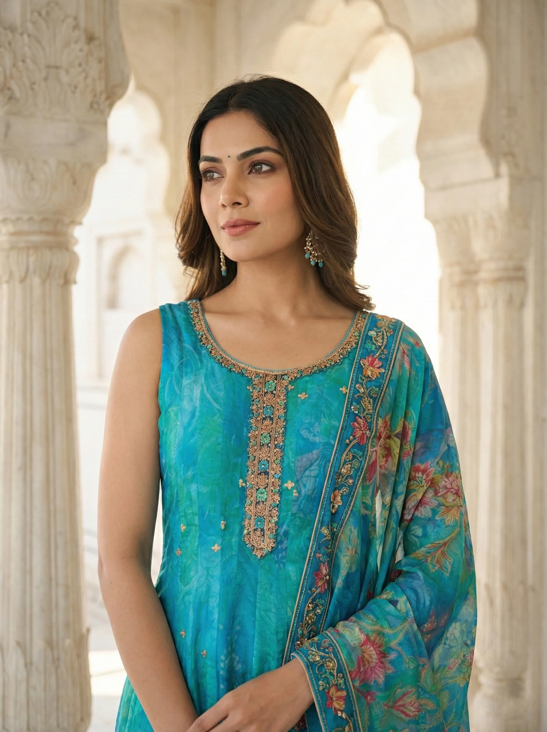 Ferozi Silk Floral Digital Print Suit Set - Image 2