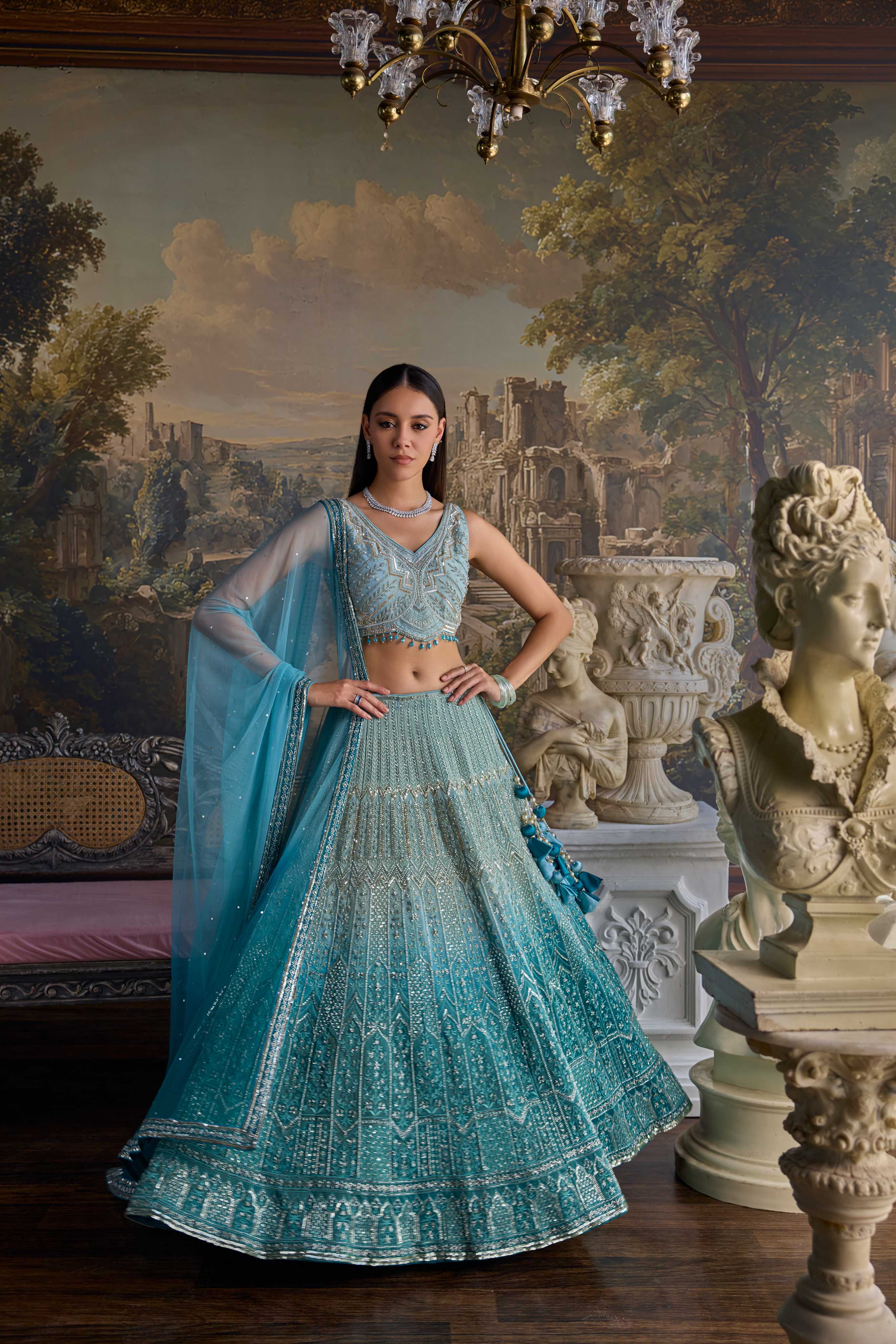 Ferozi Tissue Heavy Stone Work Ghagra Set - Image 3