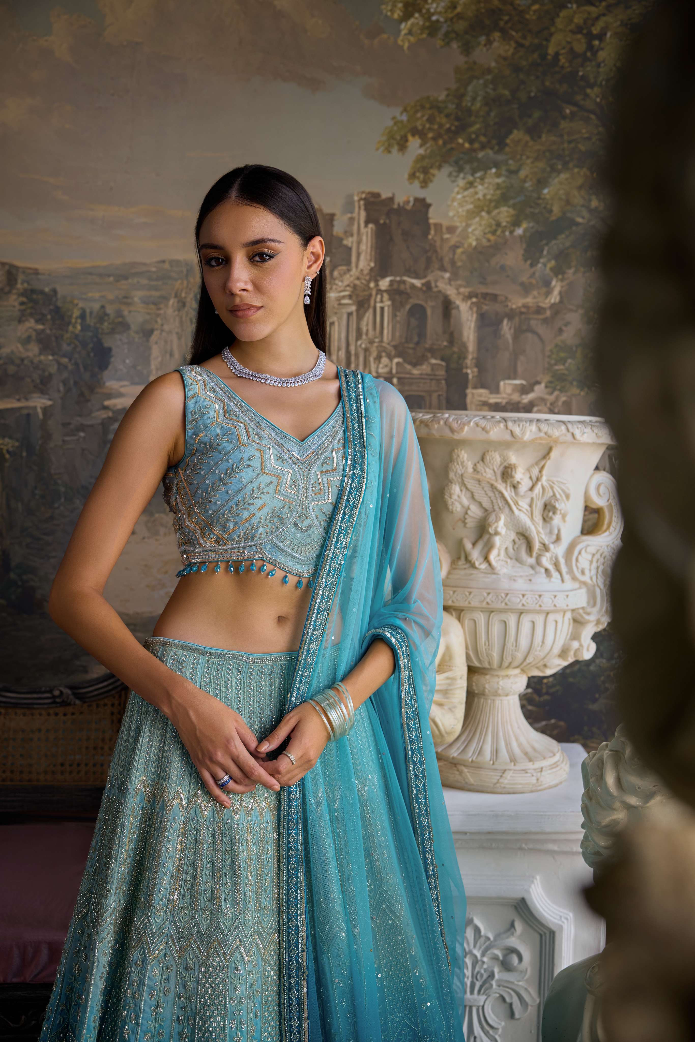 Ferozi Tissue Heavy Stone Work Ghagra Set - Image 4