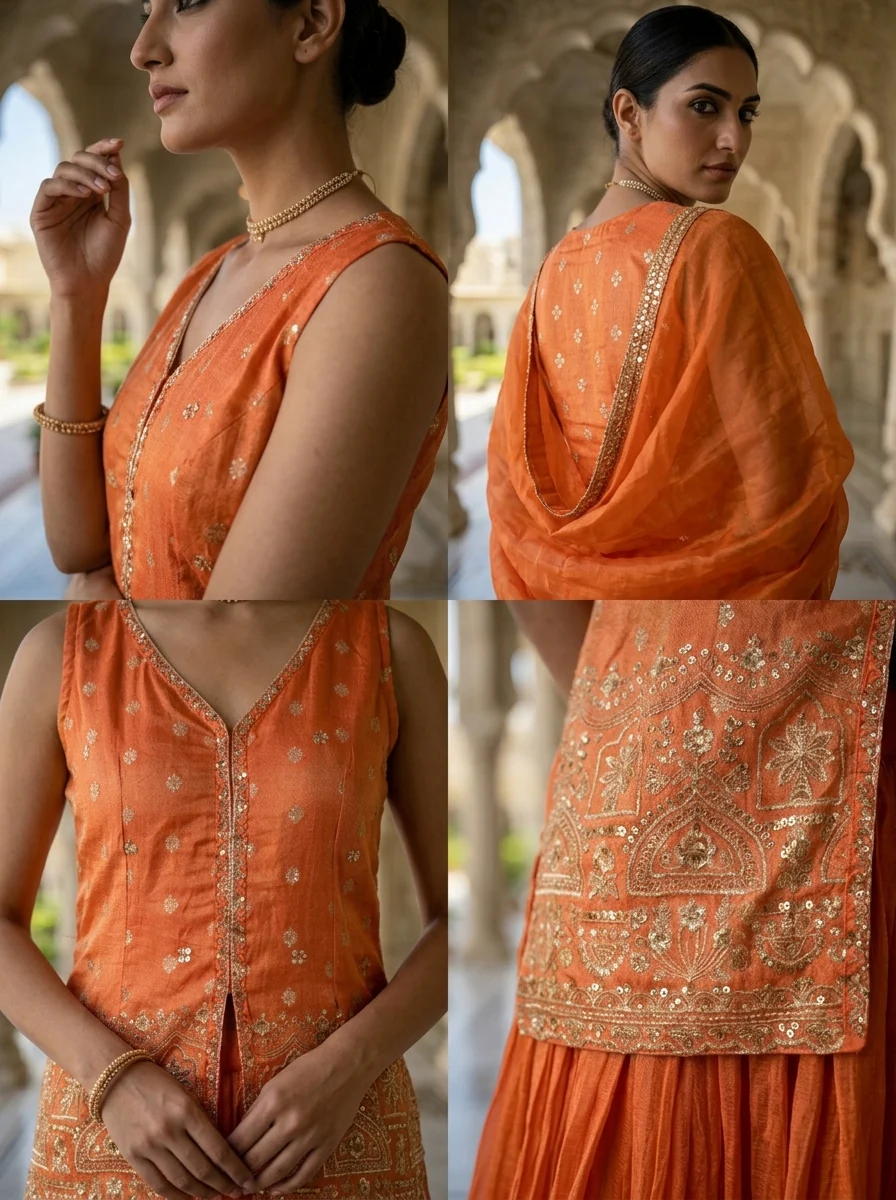 Gajari Tissue Sequins And Zari Embroidery Ghagra Set - Image 3