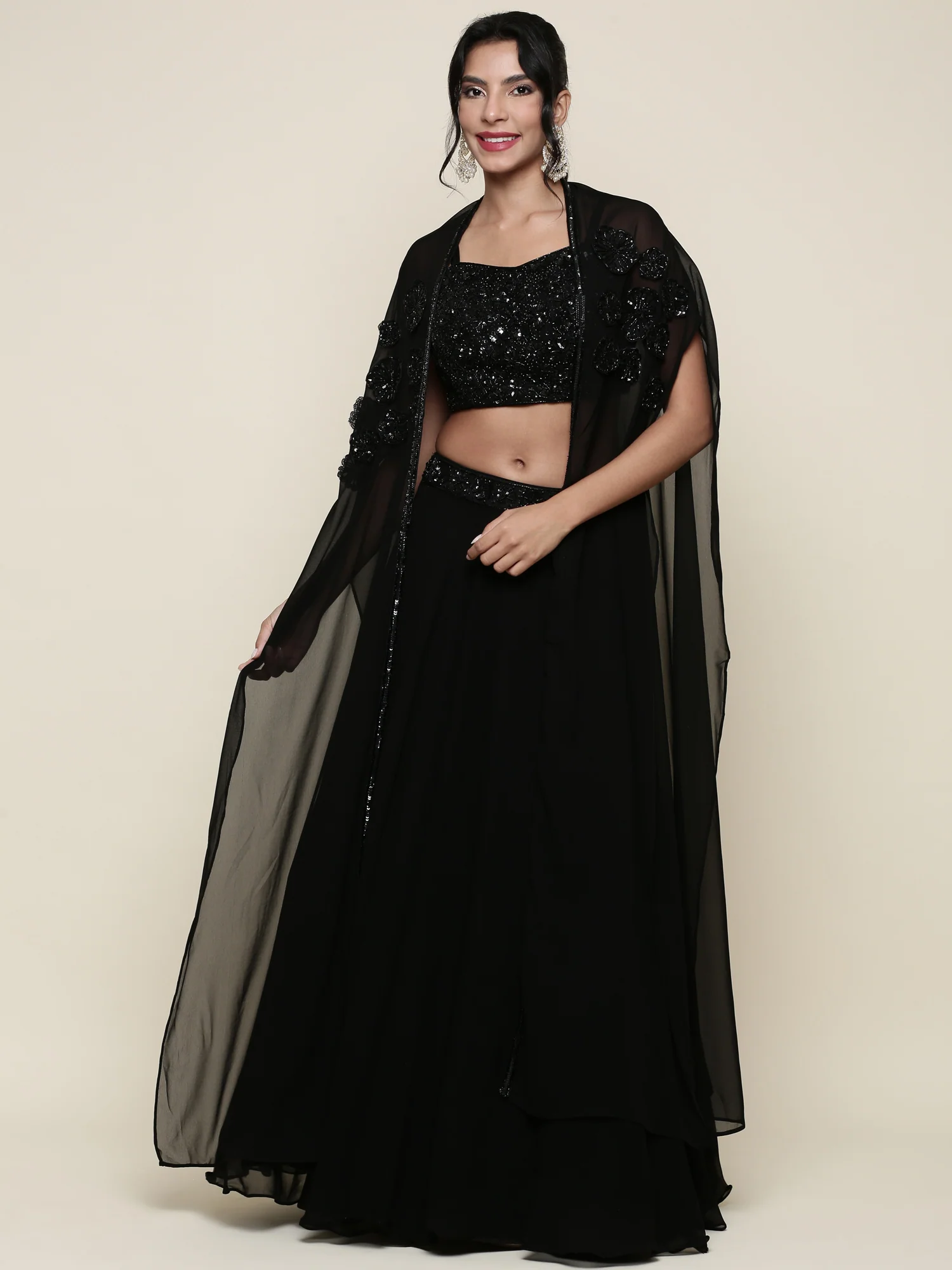 Georgette black embroidered crop top and palazzo set