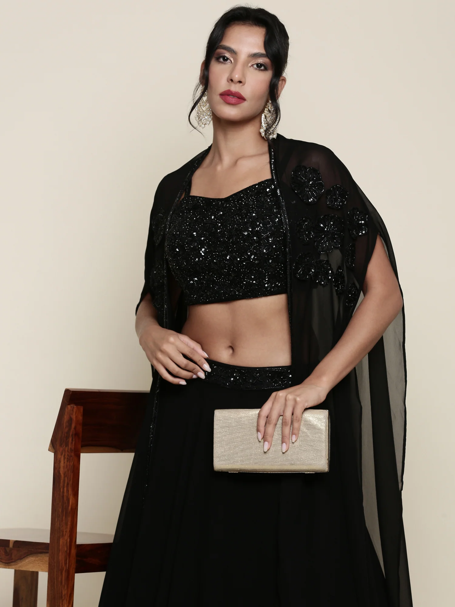 Georgette black embroidered crop top and palazzo set - Image 2