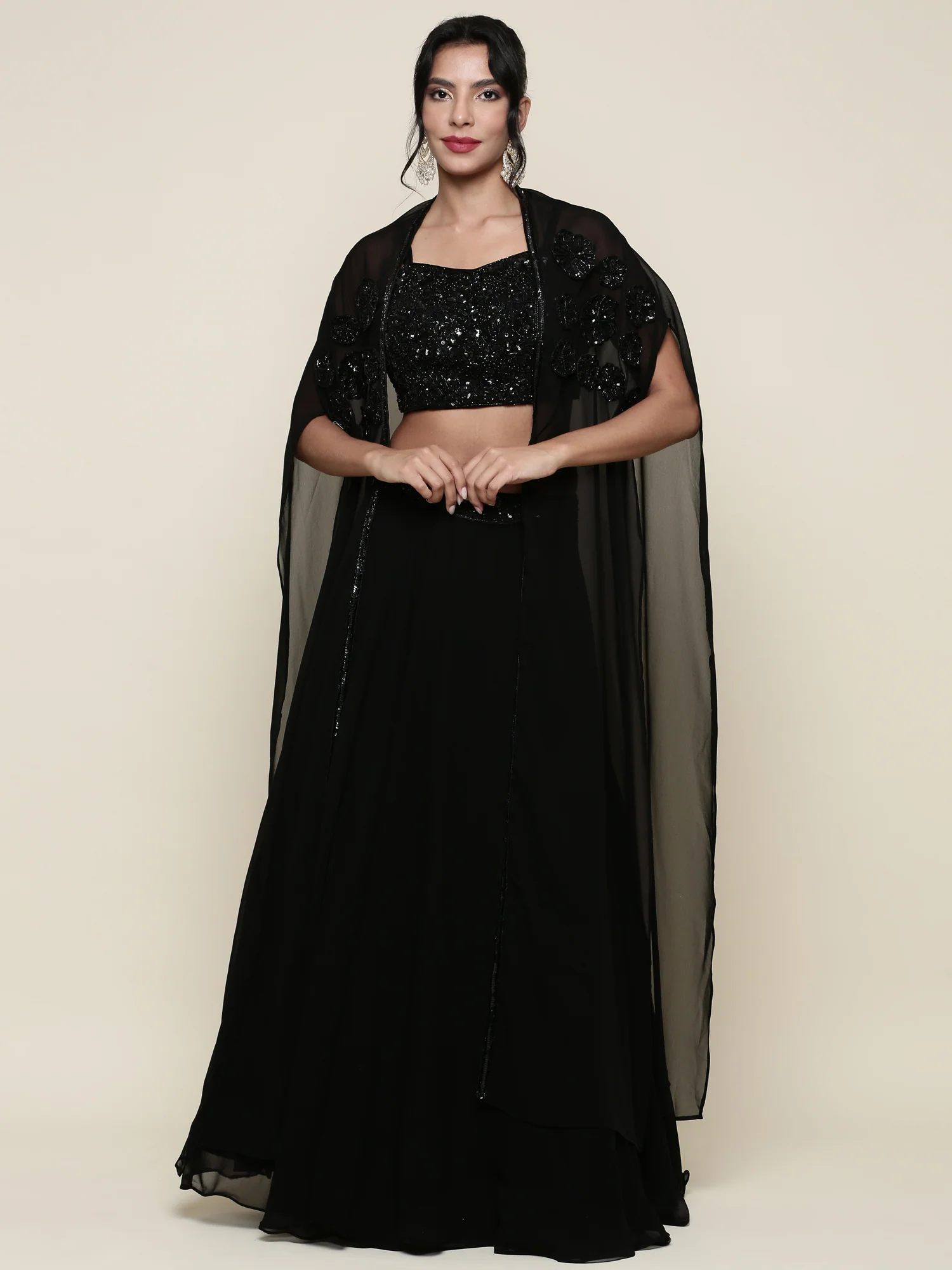Georgette black embroidered crop top and palazzo set - Image 5