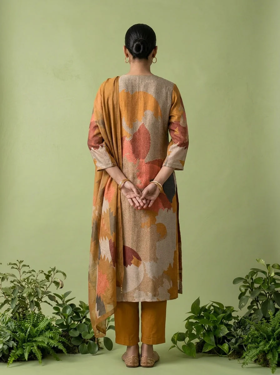 Gold And Beige Rayon Abstract Printed Three Piece Set - Image 3