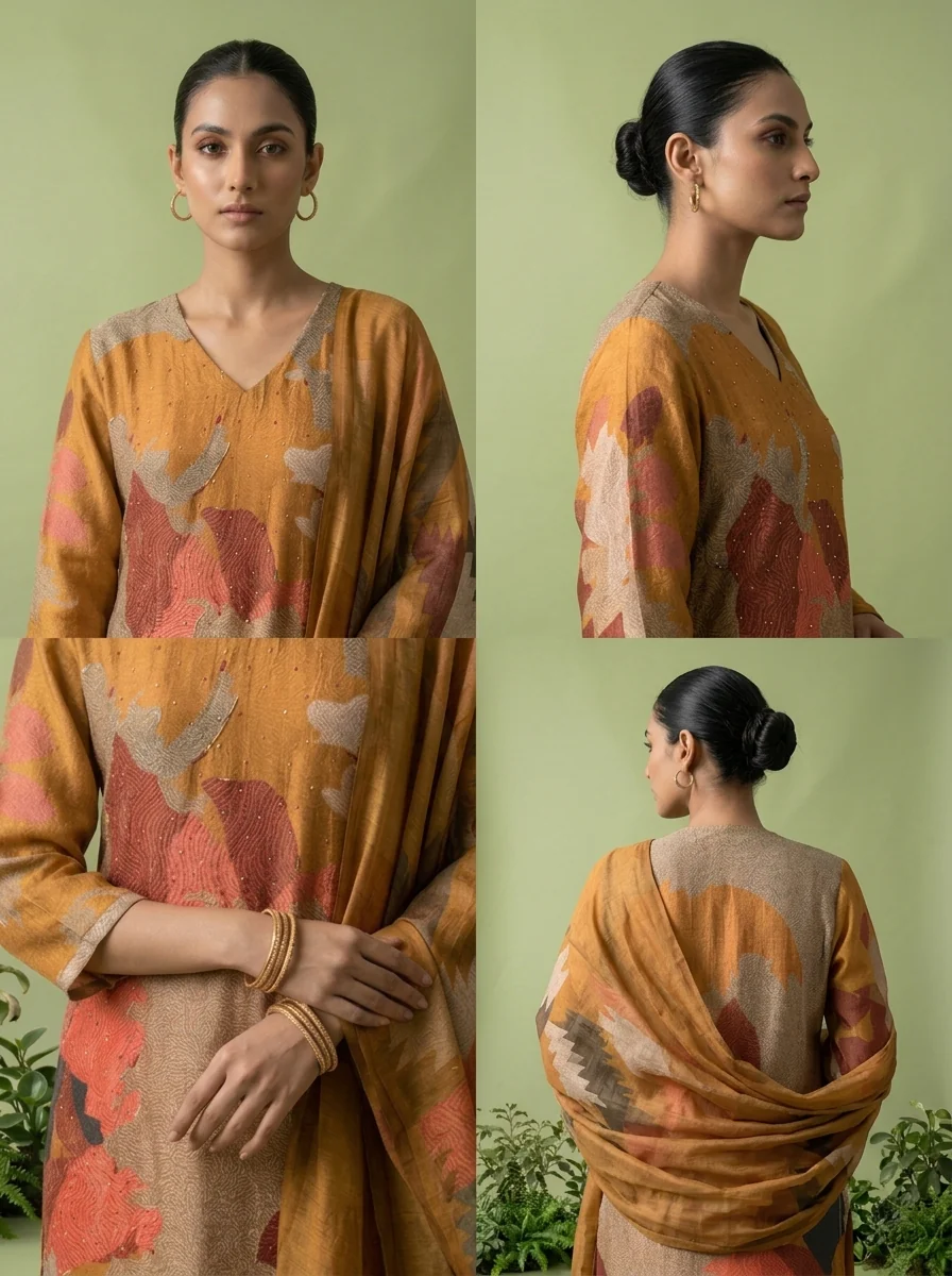 Gold And Beige Rayon Abstract Printed Three Piece Set - Image 5