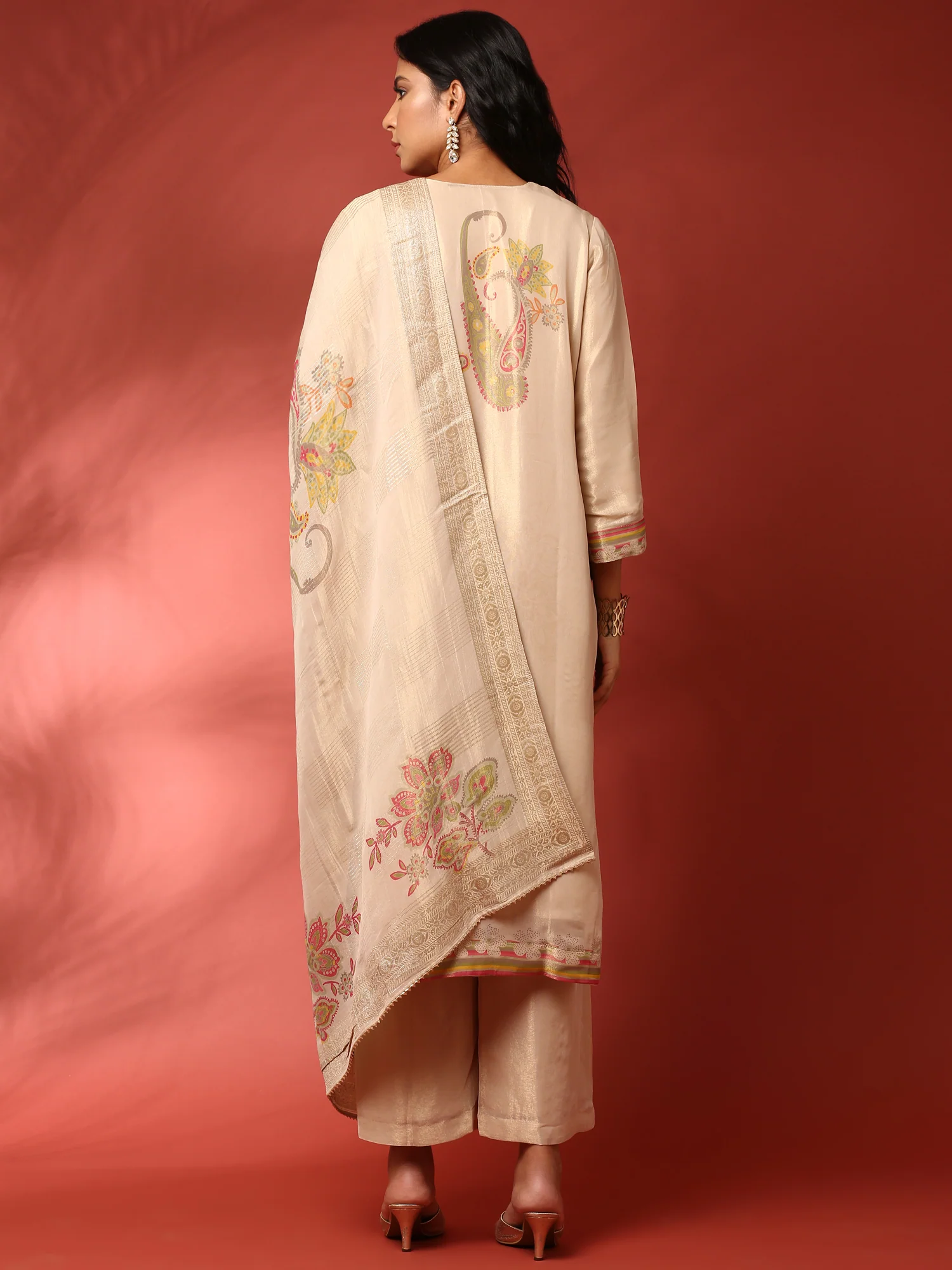 Gold Beige Tissue Aplique work three piece suit set - Image 3