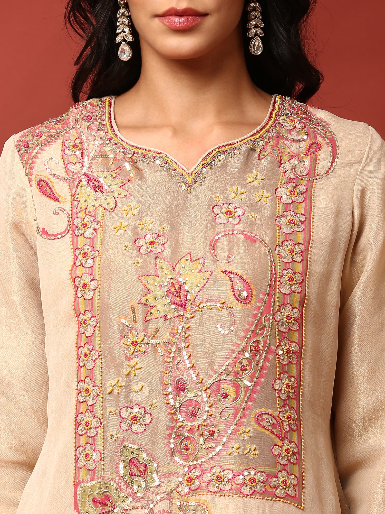 Gold Beige Tissue Aplique work three piece suit set - Image 4