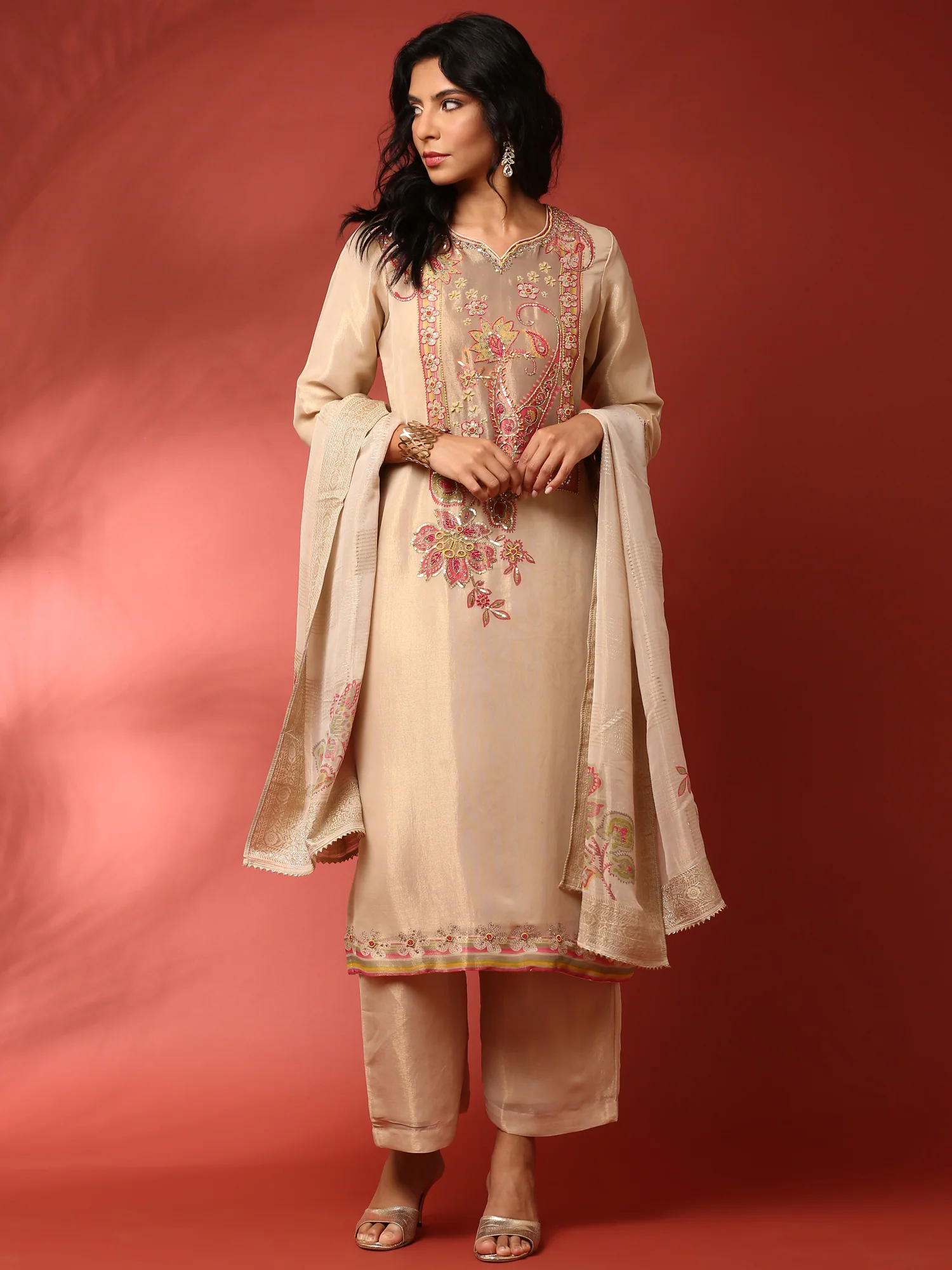 Gold Beige Tissue Aplique work three piece suit set - Image 5