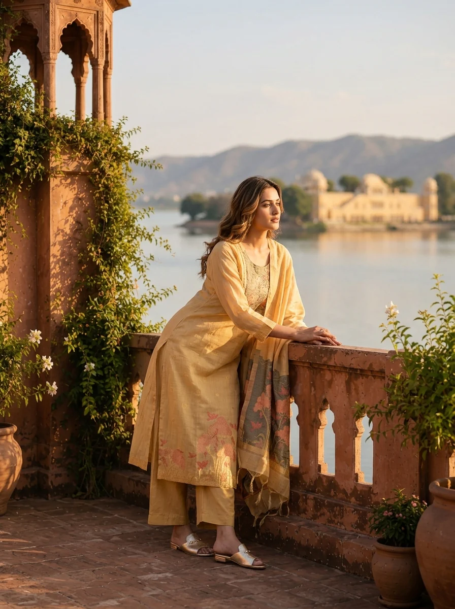 Gold Chanderi Silk Woven Botanical Motif Three Piece Set - Image 2