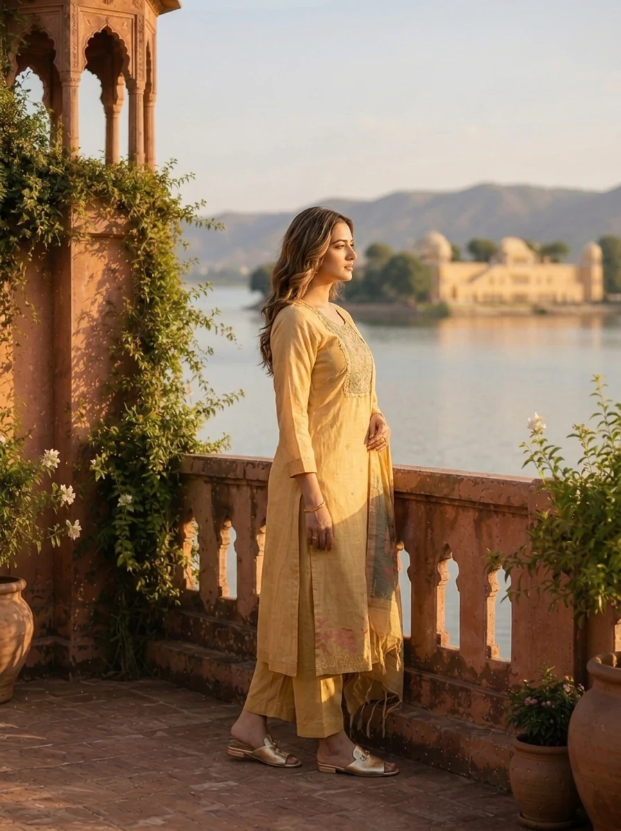 Gold Chanderi Silk Woven Botanical Motif Three Piece Set - Image 3