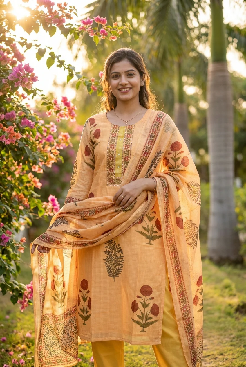 Gold Cotton Floral Printed Three Piece Set - Image 2